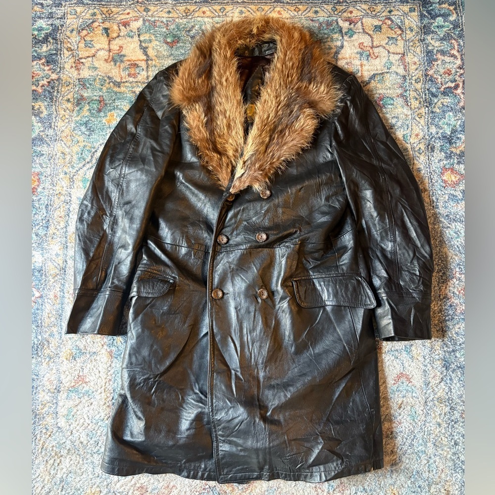 Vintage 70s JJ Canada Fur Collared Long Leather Trench Coat Large